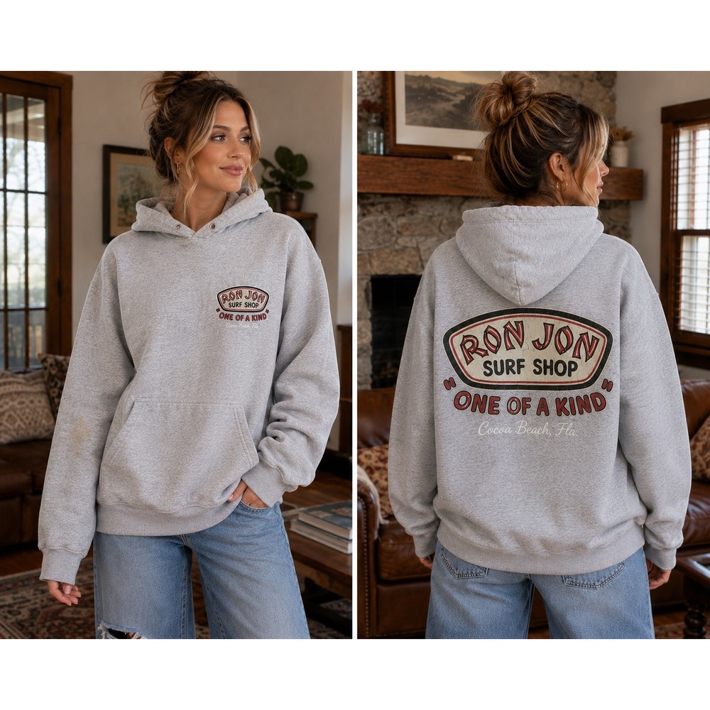 Ron Jon Surf Shop Cocoa Beach Gray Pullover Hoodie Distressed Graphic Mens